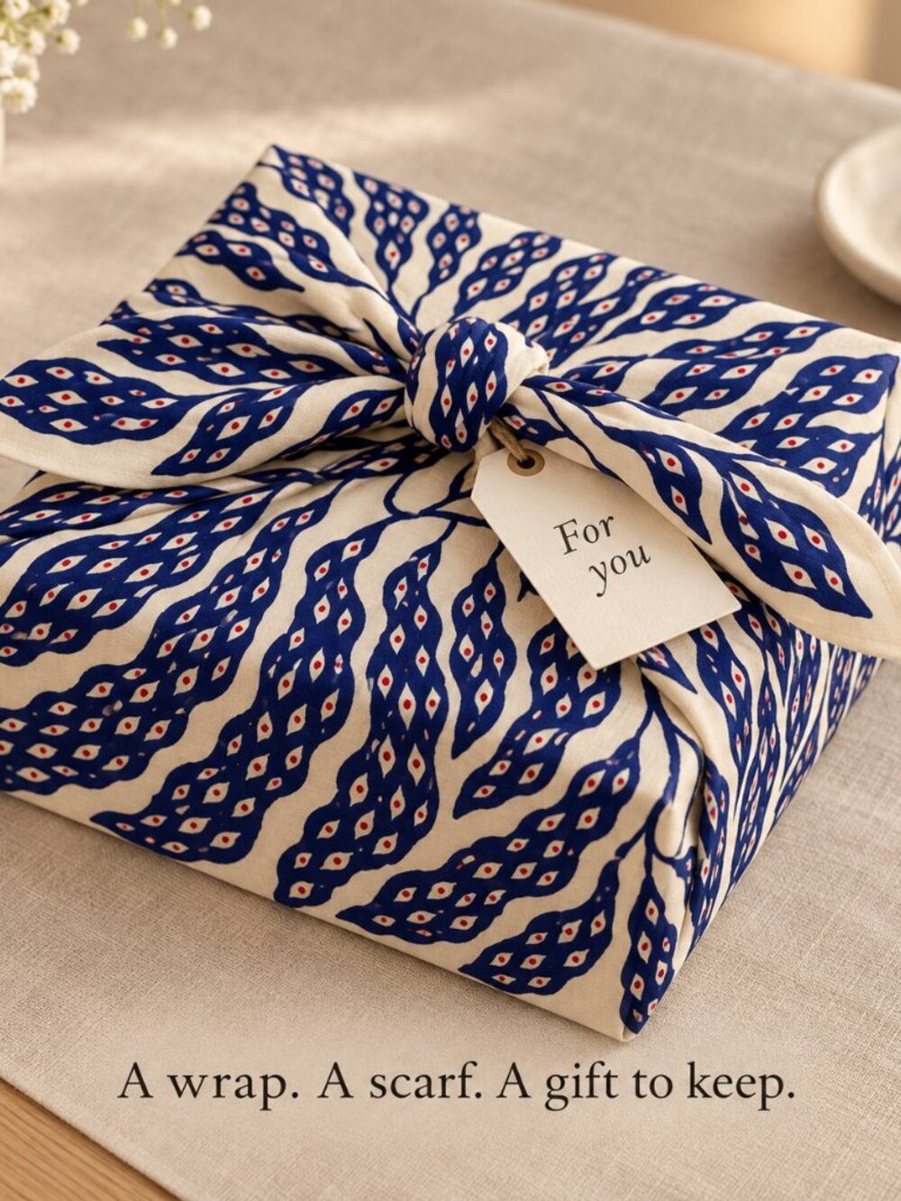 Lush - Blue, White & Red Leaf Print Scarf Knot Wrap 28” Cotton Art Gift Wrap